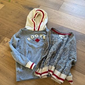 2 Roots tops:  hooded sweatshirts size XL and cardigan sweater size LG